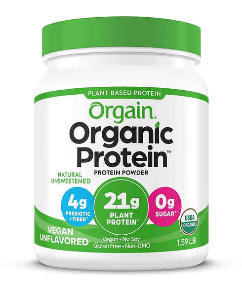 Orgain Organic Vegan Protein Powder, Natural Unsweetened - 21g Plant Protein, 4g Prebiotic Fiber, 1.59 lb