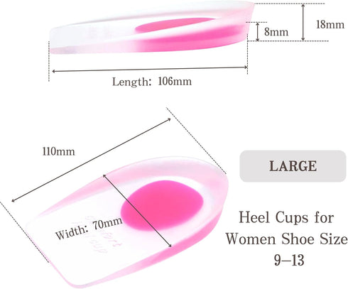 Heel Cups Gel Cushion Pads for Spur Relief, Heel Pain Shock Absorbing Support, Shoe Pads for Women Size 9-13, 2 Pairs