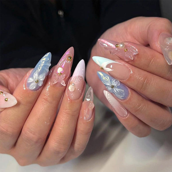 Stiletto Press on Nails, Medium Almond Fake Nails with French Tip and 3D Butterfly Flowers, 24Pcs Glossy Acrylic