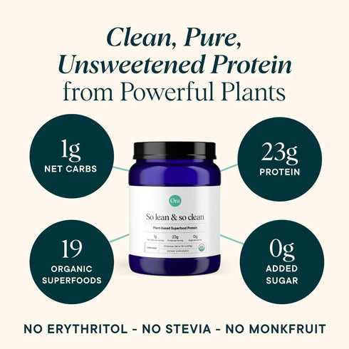 Ora Organic Vegan Protein Powder - 23g Plant Based Pea Protein + Superfood - Unflavored, 20 Servings, Digestive Enzyme