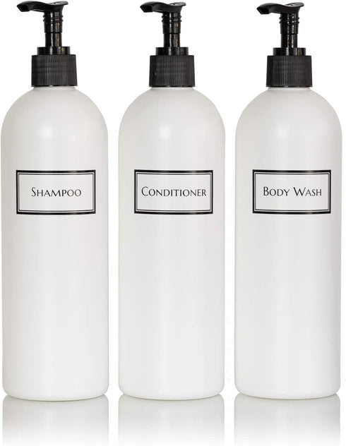 Silkscreened Empty Shower Bottle Set, 3-Pack, 16 oz Cosmo/Bullet, for Shampoo, Conditioner, Body Wash, White