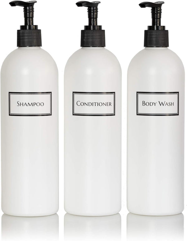 Silkscreened Empty Shower Bottle Set, 3-Pack, 16 oz Cosmo/Bullet, for Shampoo, Conditioner, Body Wash, White