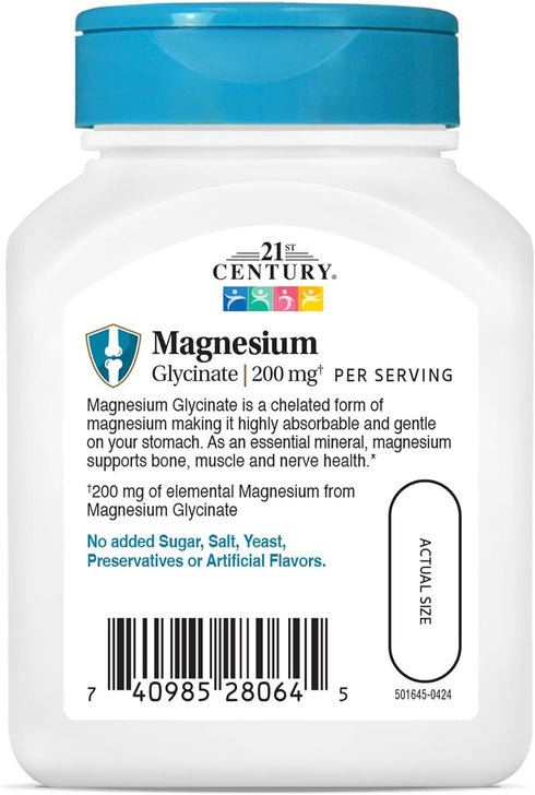 21st Century Magnesium Glycinate 200 mg Capsules, 90 Count per Serving