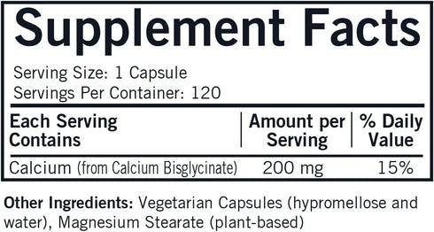 Kirkman Calcium Bisglycinate Chelate 200mg, 120 Capsules, Without Vitamin D3, Hypoallergenic, Strong Bones Support