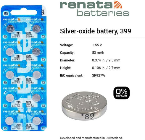 Renata 399 SR927W 1.55V 399 (2 Count) Batteries - Silver Oxide Watch Battery