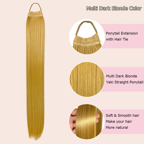 28inch Long Ponytail Extension with Hair Tie, Multi Dark Blonde Yaki Straight Ponytail Thick Braiding Hair Ponytail Natural Fake Pony Tails Hairpiece for Women (#15/18)