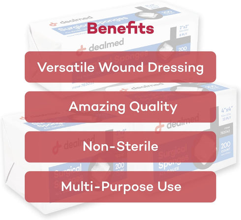 Dealmed 4" x 4" Surgical Sponges - 8-Ply Non-Woven Absorbent Gauze for Wound Care, 200 Count