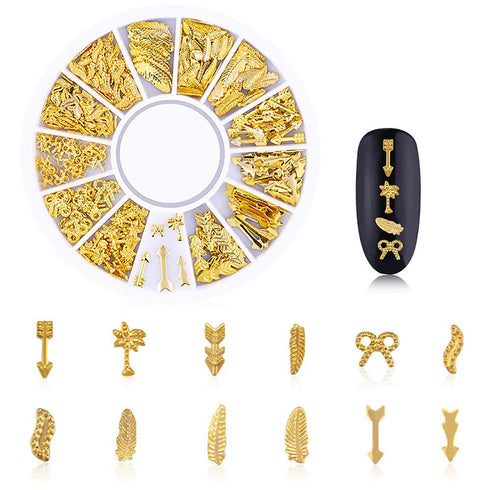 WOKOTO 6 Boxes Gold Nail Charms Studs, 3D Nail Art Jewelry Decoration Kit with Tweezers and Picker Pencil