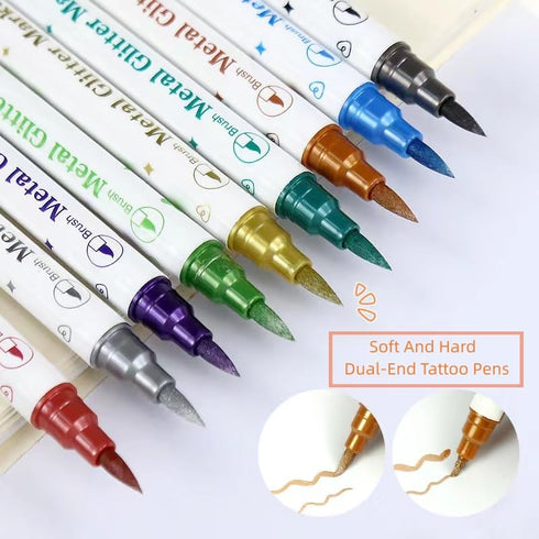 Temporary Tattoo Markers for Skin, 10 Body Markers for Bold and Fine Lines, Cosmetic Quality + 40 Large Tattoo Stencils