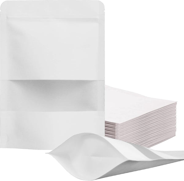 FireKylin 100 Pcs Resealable Bags, 4.7" x 7.9" Stand Up White Kraft Paper Bags with Zip Lock for Food Storage