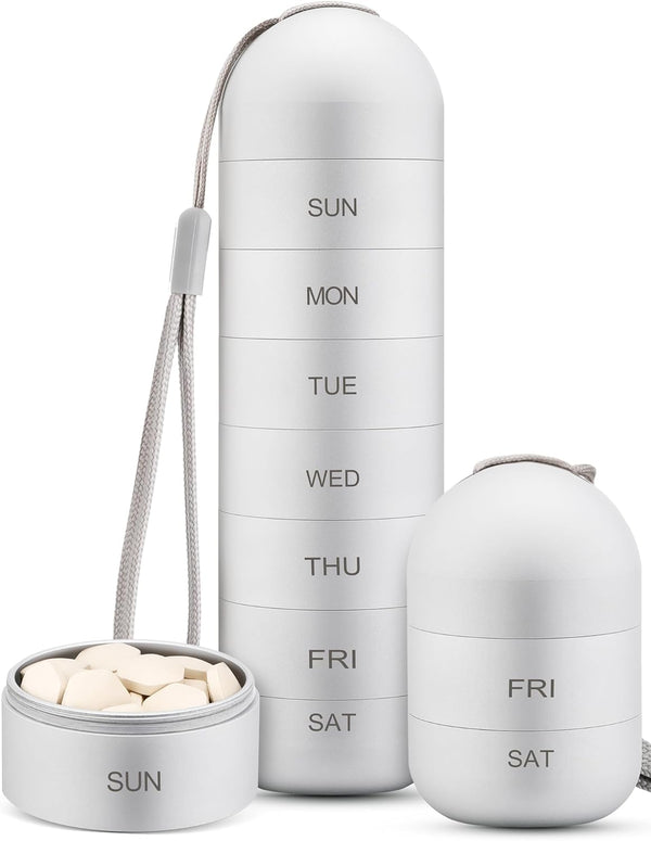 Zannaki Metal Moisture Proof Weekly Pill Organizer, Stackable Aluminum Alloy BPA Free Travel Hiking 7 Day Pill Box Case