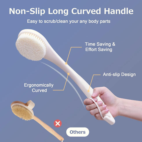 VANZAVANZU Shower Brush, Bath Body Brush with Soft Bristles, 15.4" Long Handle for Shower, Cream White