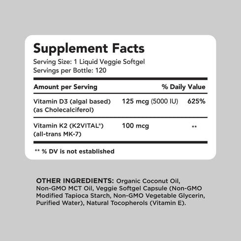 AMANDEAN Vegan Vitamin D3 K2, 5000 IU from Algae, All-Trans MK-7, 120 Softgels for Mood, Bones, Heart, Immune Health