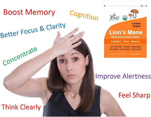 Immune (227g) Jetsu Lions Mane Mushroom Powder, Organic, Vegan, Non-GMO Extract Supplement. Nootropic to Support Brain