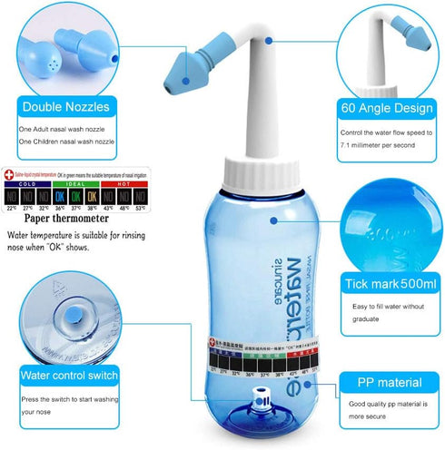 Darate Neti Pot Sinus Rinse Bottle, 500ML Nose Wash Cleaner for Adult & Kid, BPA Free with Sticker Thermometer