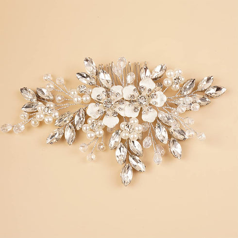 Silver Flower Rhinestones Beads Hair Comb | Wedding Bridal Hair Piece | Hair Styling Jewelry for Women Girls | Prom