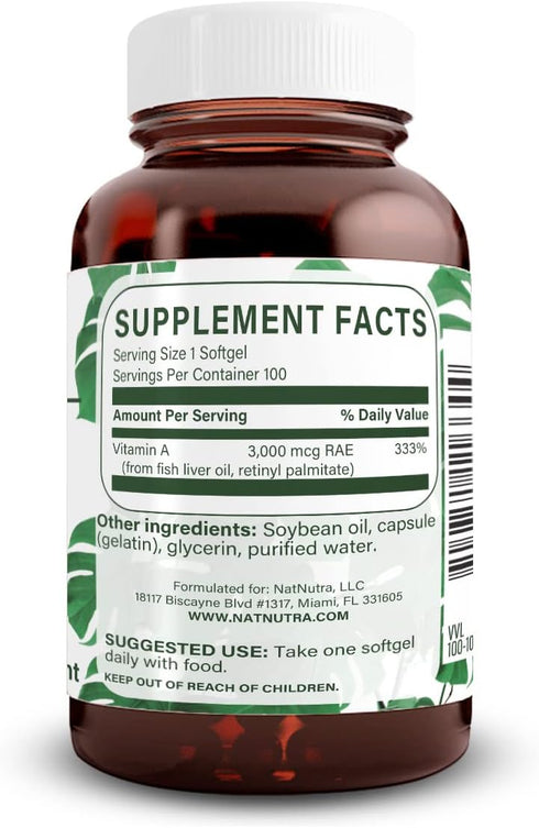 Natural Nutra Vitamin A 10,000 IU Softgels, Gluten-Free Eye and Skin Vitamins, 100 Softgels