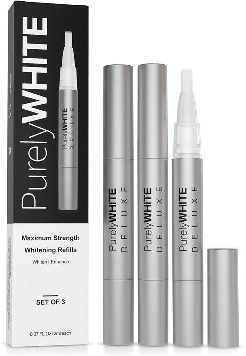 PurelyWHITE DELUXE 3 Pack Teeth Whitening Gel Pen Refills, No Sensitive Teeth Whitener, Great for Sensitive Tooth Whitening, Carbamide Peroxide Teeth Whitening Gel, Whiter Teeth in 7 Minutes