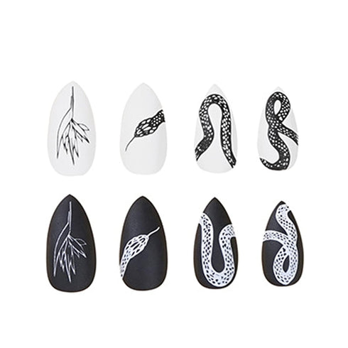 MISUD Medium Stiletto Press on Nails with Goth Snake, Acrylic Gothic Black White Design, 24 pcs