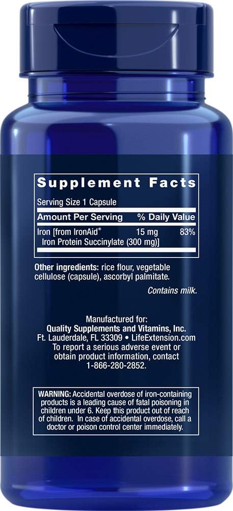 Life Extension Iron Protein Plus, iron protein succinylate, absorbable iron supplement for whole-body health, non-GMO, gluten-free, vegetarian, 100 capsules