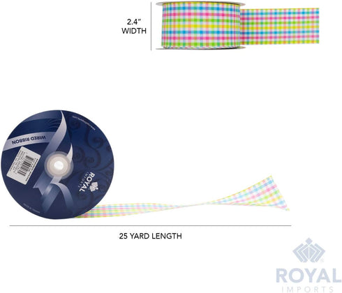 Royal Imports Spring Pastel Wired Ribbon, 2.5" Gingham Design, 25 Yd Roll for Baby Shower