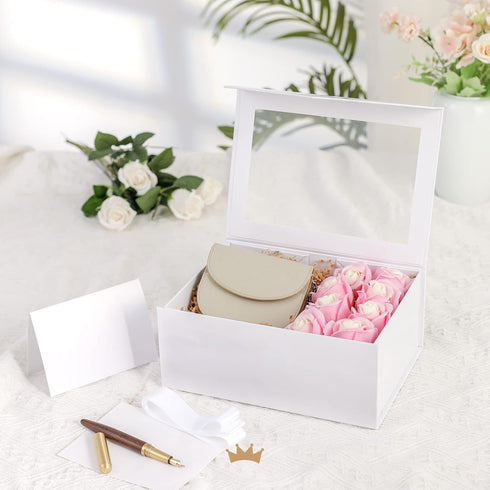 PACKQUEEN White Gift Box with Window, 9x6.5x3.8 Inches, Clear Gift Box for Present Contains Ribbon, Card, Bridesmaid Proposal Box, Gift Box with Magnetic Lid (Glossy White)