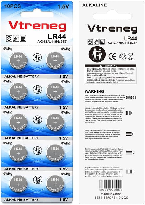 Vtreneg 10 Pack LR44 AG13 357 303 L1154F A76 SR44 1.5V Batteries Alkaline Battery for Toys Calculators Digital Calipers