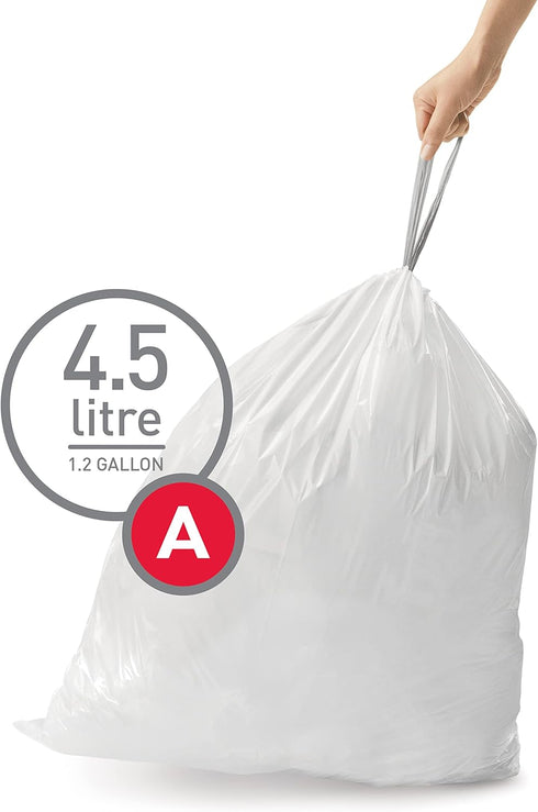 Packs, 30 Count, 4.5 1.2 simplehuman Code A Custom Fit Drawstring Trash Bags in Dispenser Liter / Gallon, White