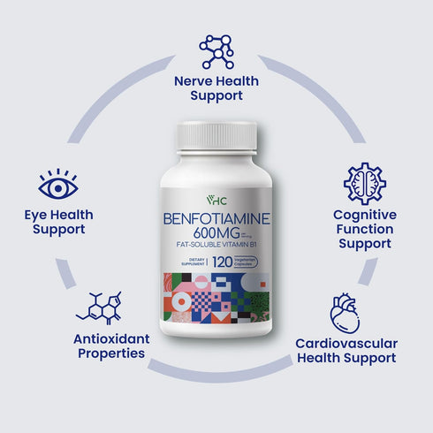 Benfotiamine 600mg Supplement - 120 Veggie Capsules for Max Boost Bioavailable Thiamine B1 Levels