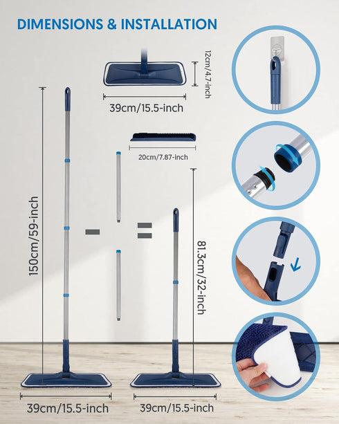 Microfiber Mops for Floor Cleaning, BPAWA Flat Mop for Hardwood, Bathroom, Kitchen with 4 Reusable Pads