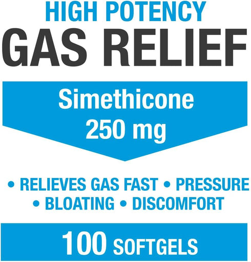 P Puregen Labs High Potency Gas Relief Softgels, Simethicone 250 mg for Pressure, Bloating, 200 Count