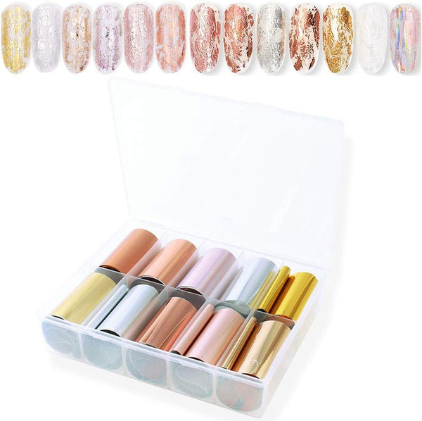 SILPECWEE 10 Rolls Gold Rose Gold Flakes, Metallic Nail Transfer Foils for Nail Art Stickers