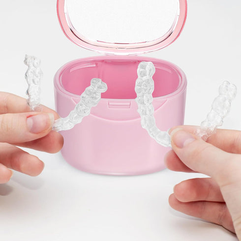 FOMIYES Leak-Proof Bath with Cleaner Brush and Retainer Holder Box, Complete Clean Care for Dentures, Braces (Pink)