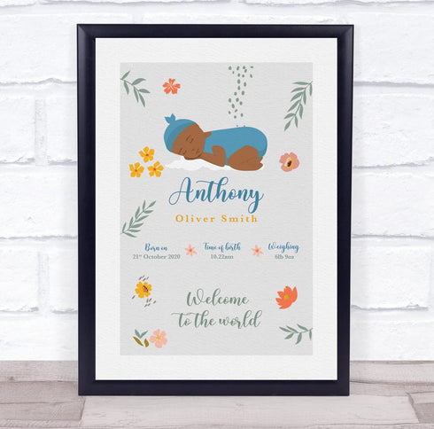 The Card Zoo New Baby Birth Details Christening Nursery Dark Skin Boy Floral Gift Print