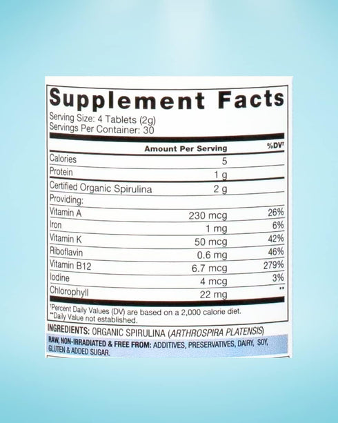 Organic Spirulina Tablets - Organic, Non-GMO, No Additives or Fillers - 500mg Premium Quality Dietary Supplement, 120