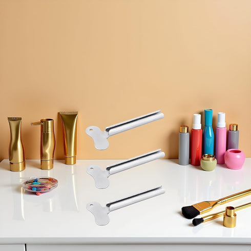 SelHeng 3 Pcs Silver Metal Tube Squeezer Keys, Tube Toothpaste Squeezer Keys Metal Hair Dye Color Key Roller Dispenser
