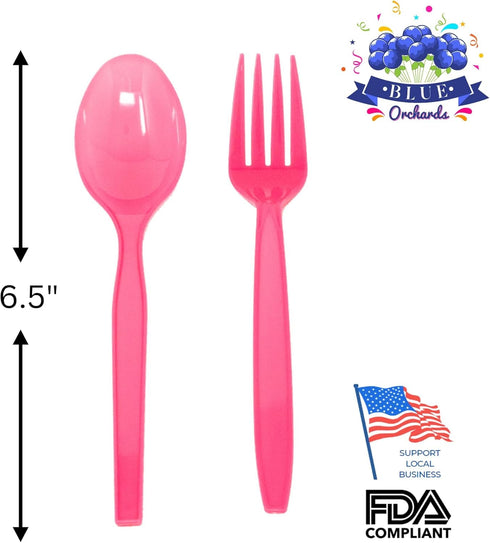 Hot Pink Spoon and Fork Set - 50 Each Lightweight Plasticware for Parties, Disposable Cutlery