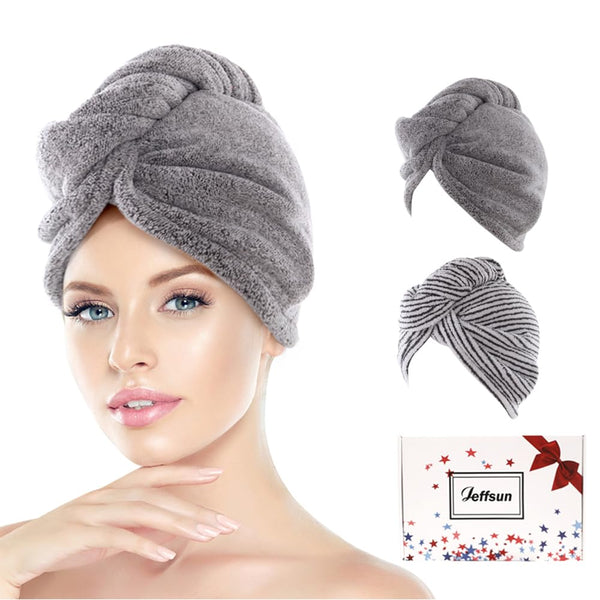 JEFFSUN Microfiber Hair Towel Wrap for Women, 2 Pack Super Absorbent Quick Dry Turban for Curly Long Thick Hair, 2