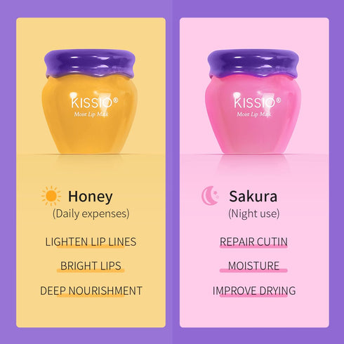 KISSIO Honey and Cherry Lip Mask Set, Repair Lips Day and Night, Hydrating Lip Balm, 2 pcs