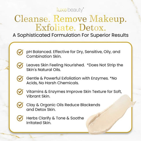 Luxe Cleanser All-in-One Hypoallergenic Face Cleanser + Natural Makeup Remover Face Wash + Exfoliator for All Skin Types