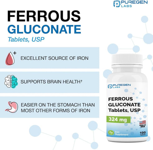 Puregen Labs Ferrous Gluconate, 324 mg Iron Supplement, Gentle on Stomach | 3 Pack - 300 Tablets Total
