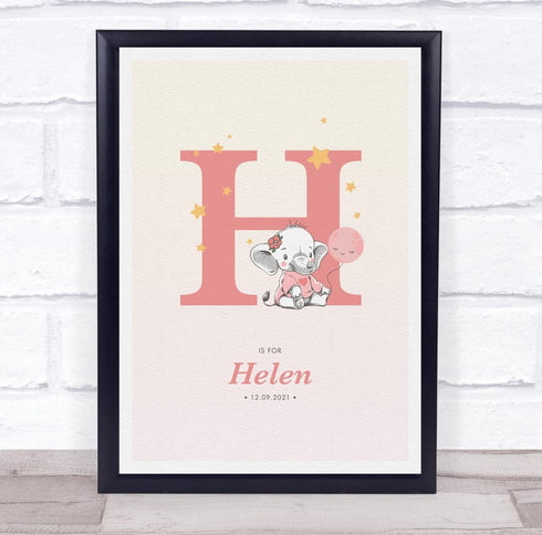 The Card Zoo Pink Baby Girl Elephant Initial H Baby Birth Details Nursery Christening Print
