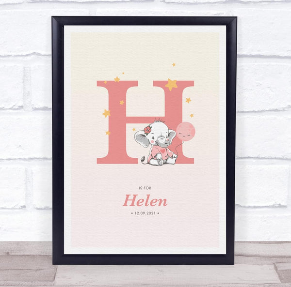 The Card Zoo Pink Baby Girl Elephant Initial H Baby Birth Details Nursery Christening Print