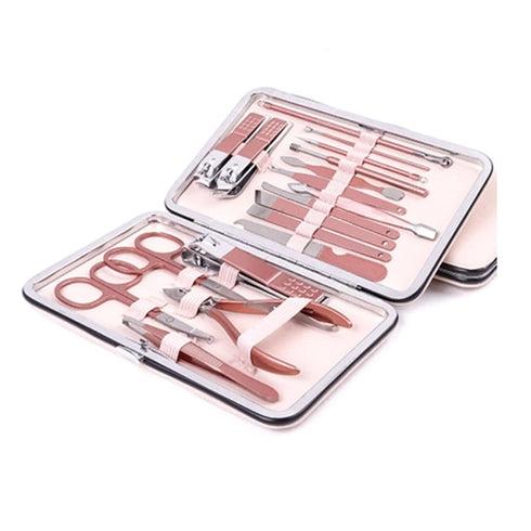Nail Clippers and Beauty Tool Portable Set - Rose Gold Stainless Steel 18 in 1 Manicure Set with Leather Bag
