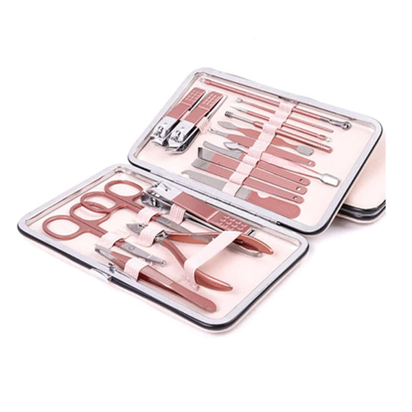 Nail Clippers and Beauty Tool Portable Set - Rose Gold Stainless Steel 18 in 1 Manicure Set with Leather Bag
