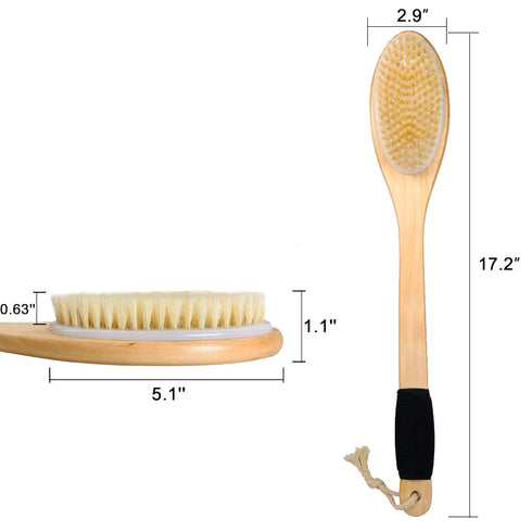 OWIIZI Wooden Curved Bath Brush with Long Handle - Antiskid Shower Brush for Exfoliating, Natural Bristle