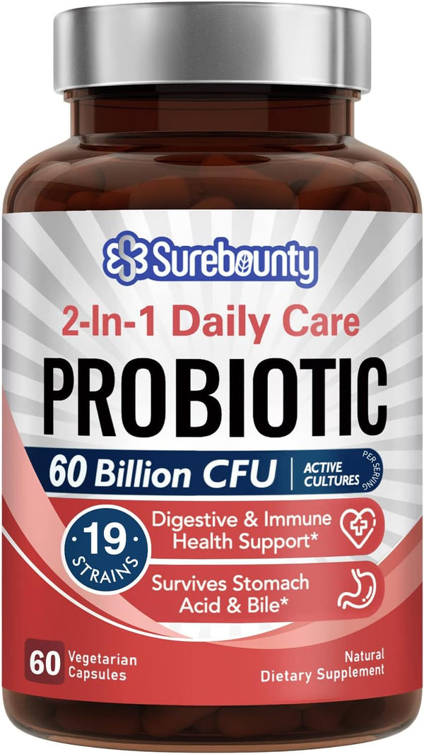 Probiotics 60 Billion CFU, 19 Strains for Men & Women, 2-in-1 Daily Care Probiotic, 60 Veggie Capsules