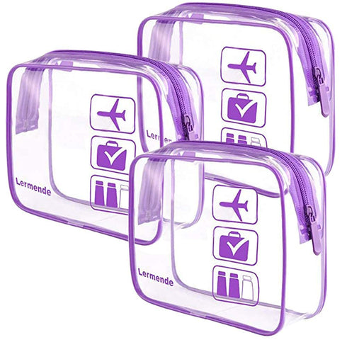Lermende 2pcs Clear Toiletry Bag, TSA Approved Travel Bag, Quart Sized Makeup Cosmetic Bag (Purple, 3 Pack)