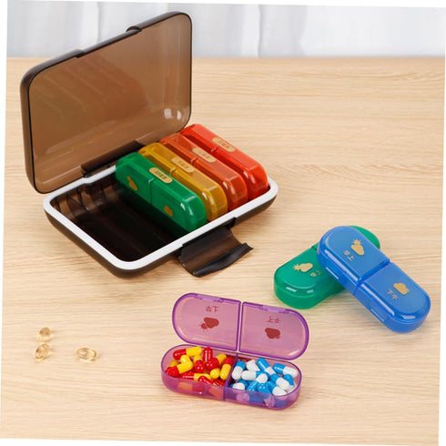 MALUGOGO 7-Day Weekly Pill Organizer Box, Multi-Grid Portable Medicine Case with Colorful Compartments and Reminder