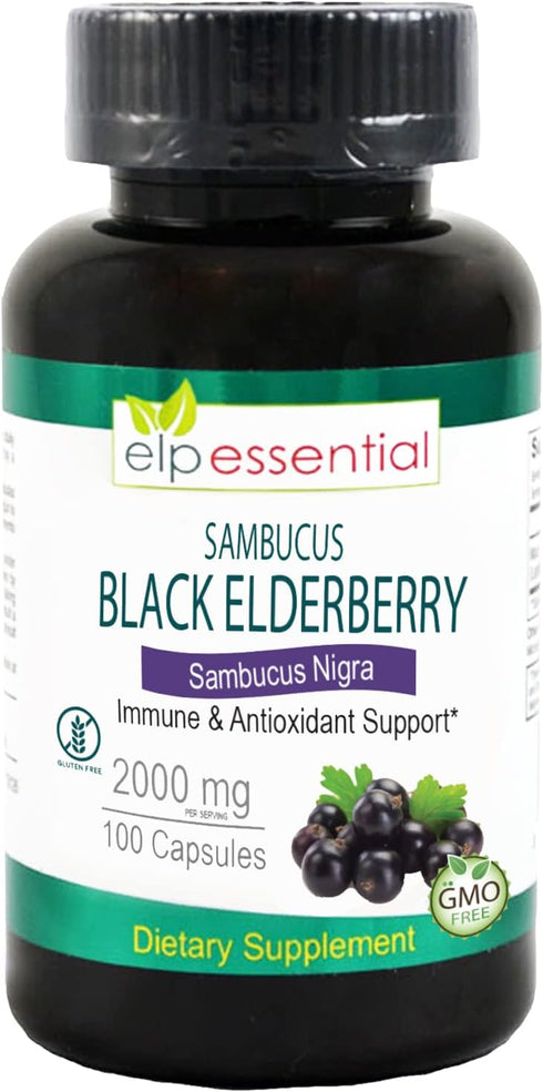 ELP ESSENTIAL Black Elderberry Capsules 2000mg | 100 Count | Super Concentrated Sambucus Extract for Antioxidant and